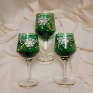 Elegant Green Bohemian Floral Wine Glass Trio
